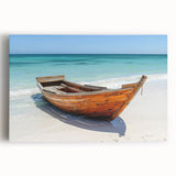 Black and white photo of a rowboat on calm water, printed on large stretched canvas, ideal for kitchen wall art.