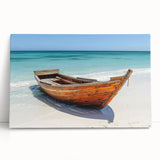 Black and white photo of a rowboat on water, printed on large stretched canvas, ideal for kitchen wall art or bedroom decor.