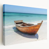 Side view of a rowboat on stretched canvas, featuring muted blue and gray tones, suitable for kitchen wall art.