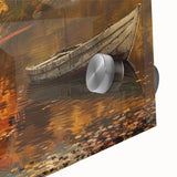 Acrylic print of a large abstract rowboat in muted earth tones, ideal for dining room art in a mid-century modernist style.