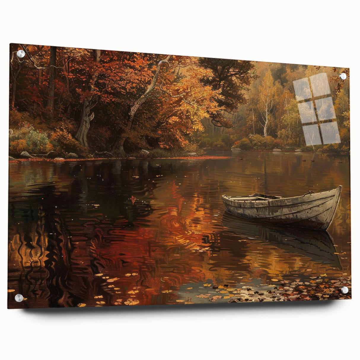 Acrylic print of a rowboat in muted blue and gray tones, suitable for dining room decor.