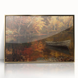 Mid-century modernist art depicting a rowboat in muted earth tones on a gold-framed acrylic, ideal for nursery wall art.
