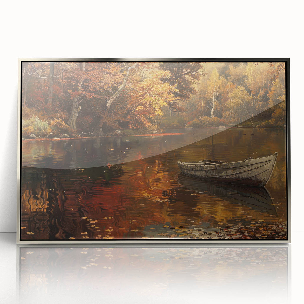Art deco poster featuring a silver-framed acrylic print of rowboats, in muted blue and gray tones.