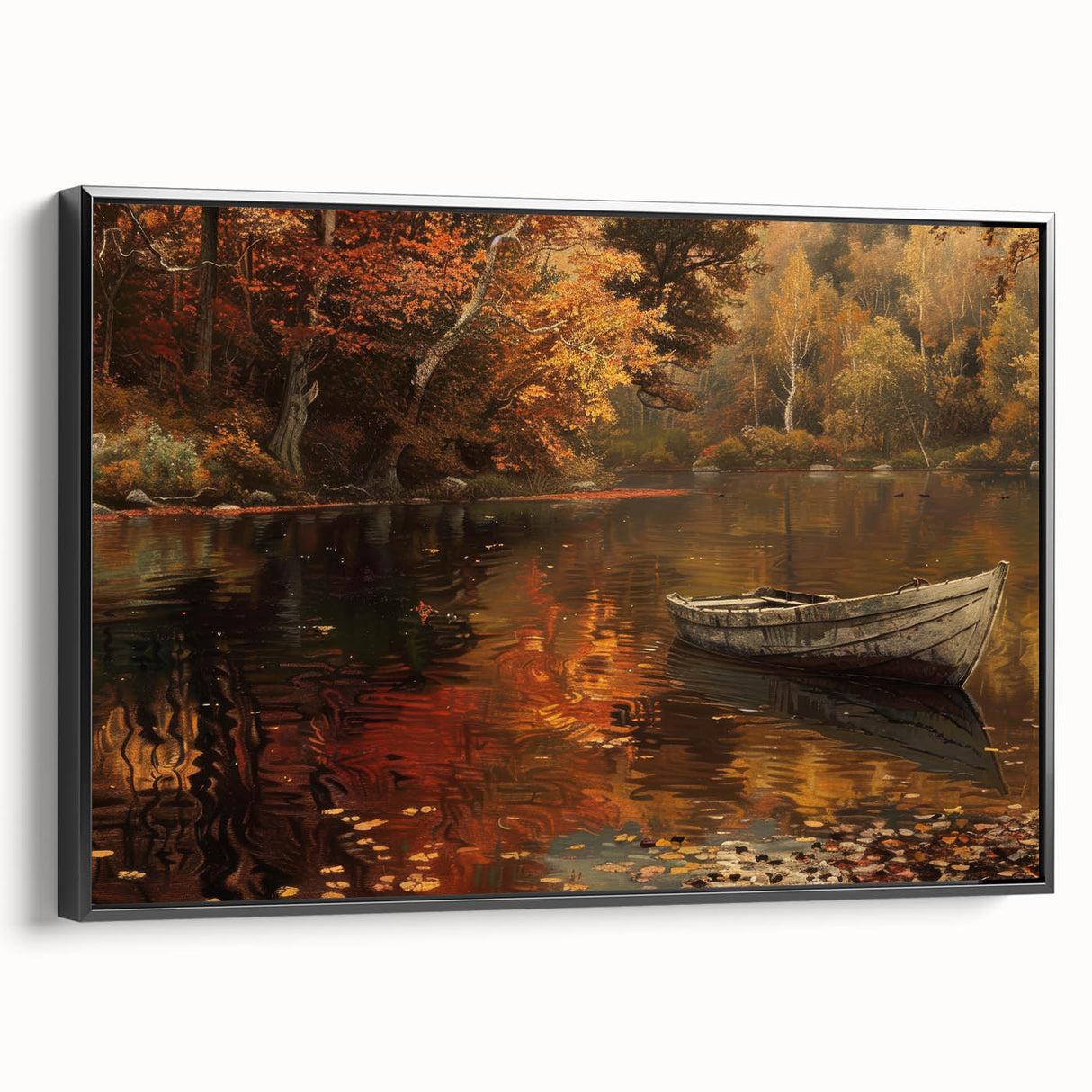 Black and white vintage poster art of a rowboat on water, framed canvas, ideal for bedroom wall decor.