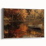 Vintage poster art of a rowboat on water, rendered in black and colorful tones on a large framed canvas.