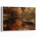 Framed canvas featuring a vintage poster of a black rowboat landscape, ideal for bedroom wall art.