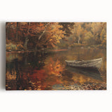 Black and white photo of a single rowboat on calm water, printed on large stretched canvas, ideal for kitchen wall art.