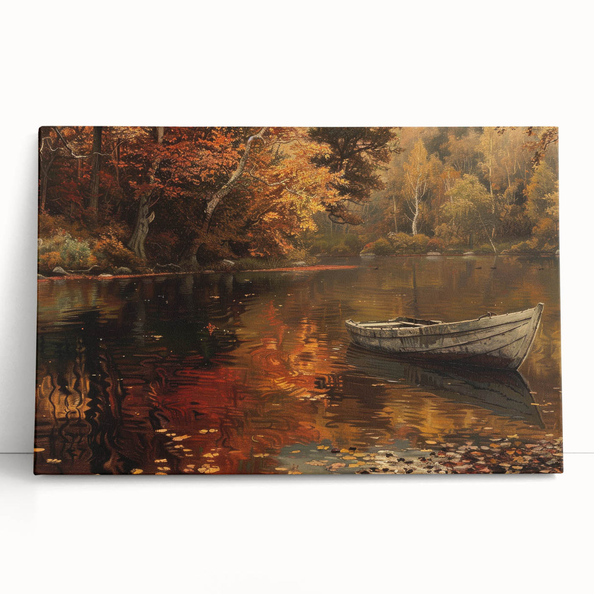 Black and white photo of a rowboat on water, printed on large stretched canvas, suitable for kitchen or bedroom wall art.