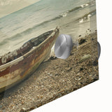 Mid-century modernist large abstract art of a rowboat on acrylic glass, in earthy tones, ideal for dining room decor.