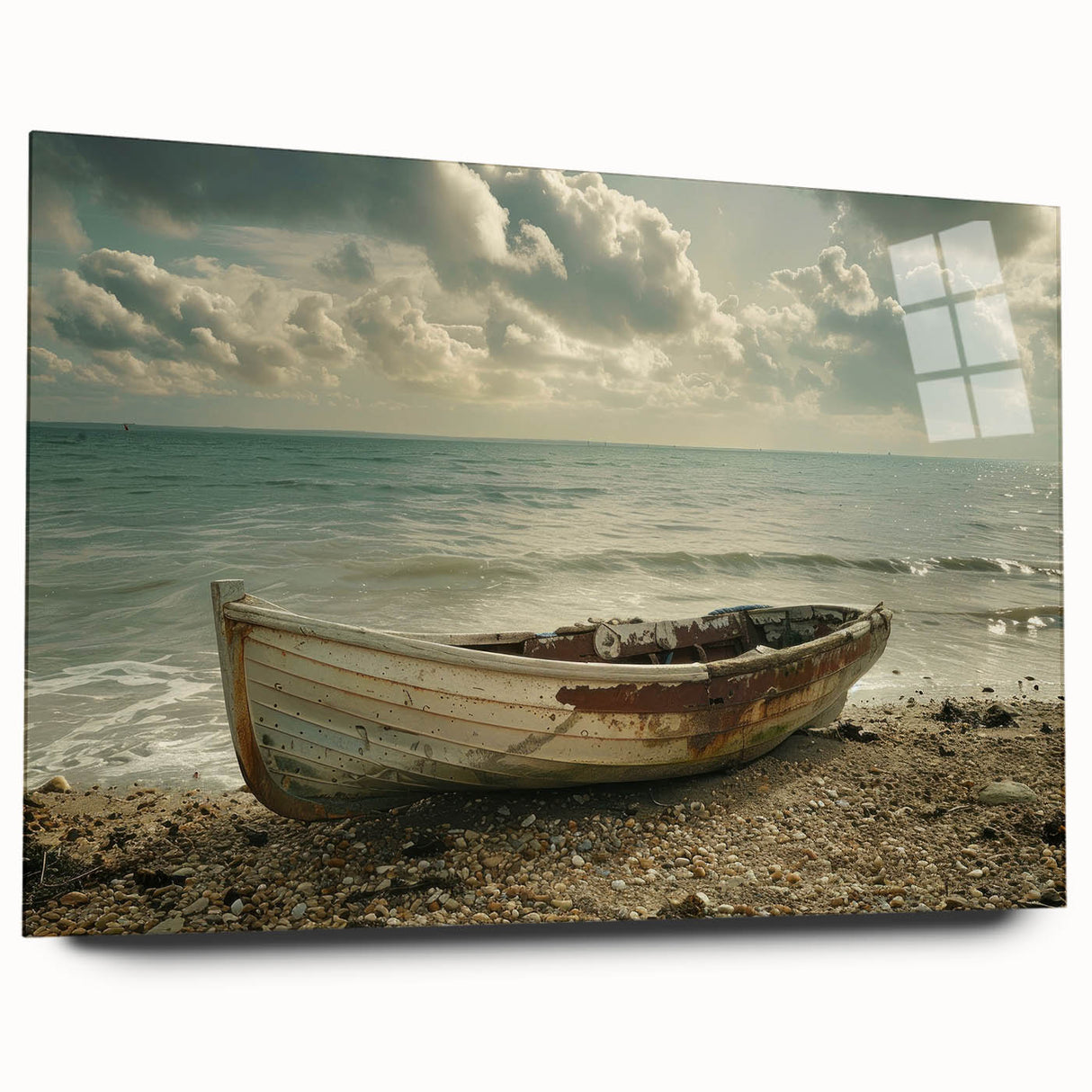 Side view of a rowboat acrylic print in muted blues and grays, ideal for bedroom or dining room art.