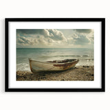 Abstract art print of a colorful rowboat, textured details on extra large canvas, ideal for living room decor.