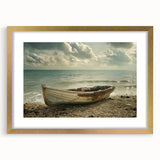 Textured art print of an abstract rowboat in muted blues and grays on a gold-framed canvas, suitable for bedroom art.