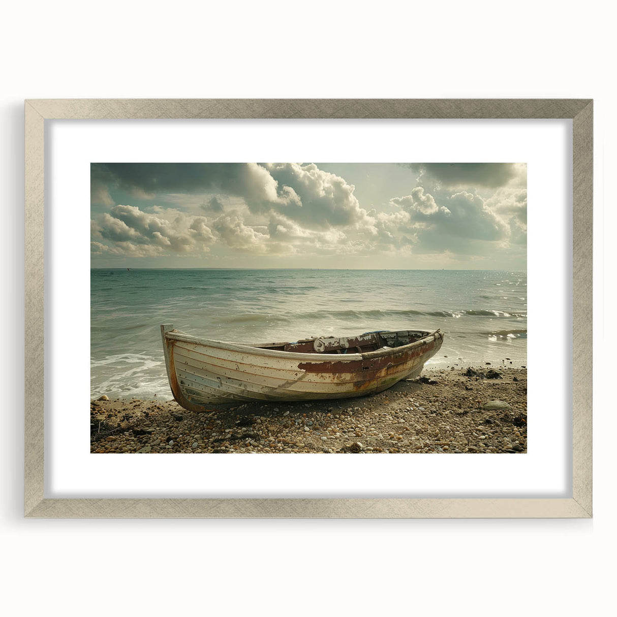 Abstract art print of a rowboat in muted blue and gray tones on a framed silver mat, ideal for dining room decor.