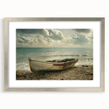 Abstract art print of a rowboat in muted blue and gray tones on a framed silver mat, ideal for dining room decor.
