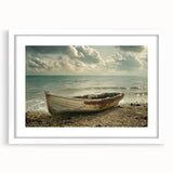 Extra large abstract art print of a rowboat in muted blues and grays on a white framed canvas, ideal for living room decor.