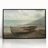 Large abstract wall art of a rowboat in black and white tones on acrylic, framed, ideal for modern art wall decor.
