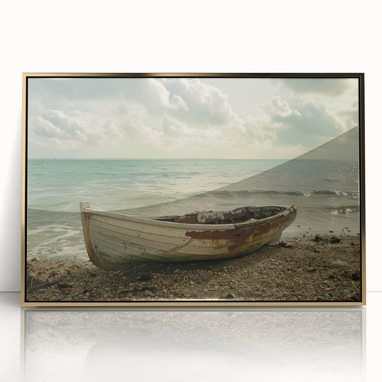 Mid-century modernist art of a rowboat in muted earth tones on acrylic, framed in gold, suitable for nursery wall art.