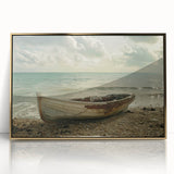 Mid-century modernist art of a rowboat in muted earth tones on acrylic, framed in gold, suitable for nursery wall art.