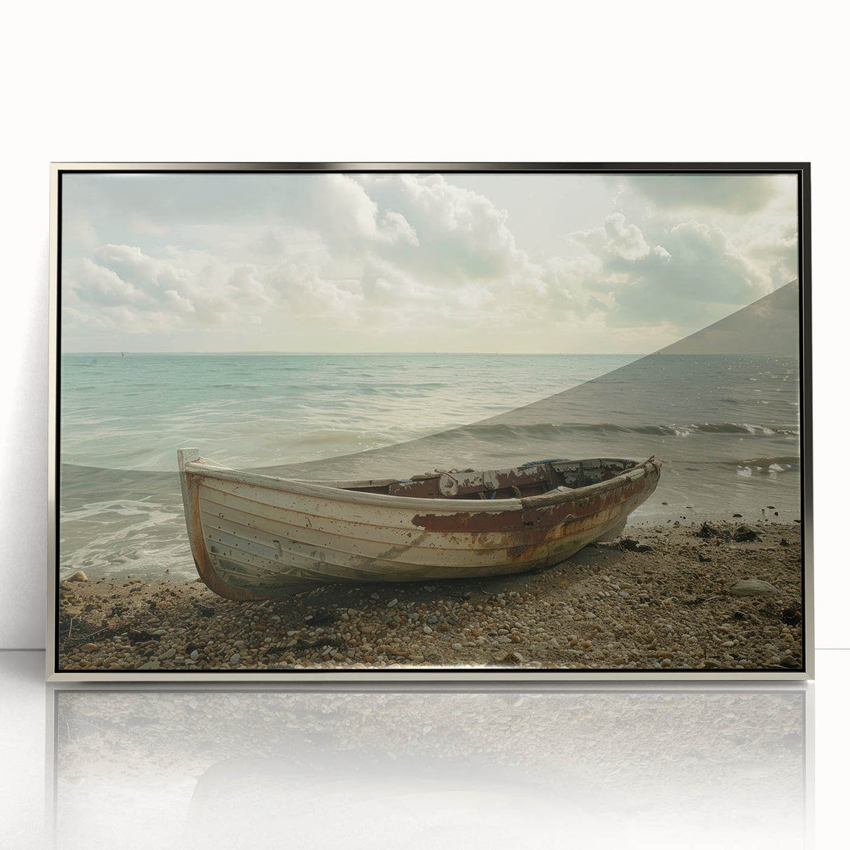 Art deco poster of a silver rowboat on acrylic, with cool blue tones, ideal for modern art wall decor or nursery.