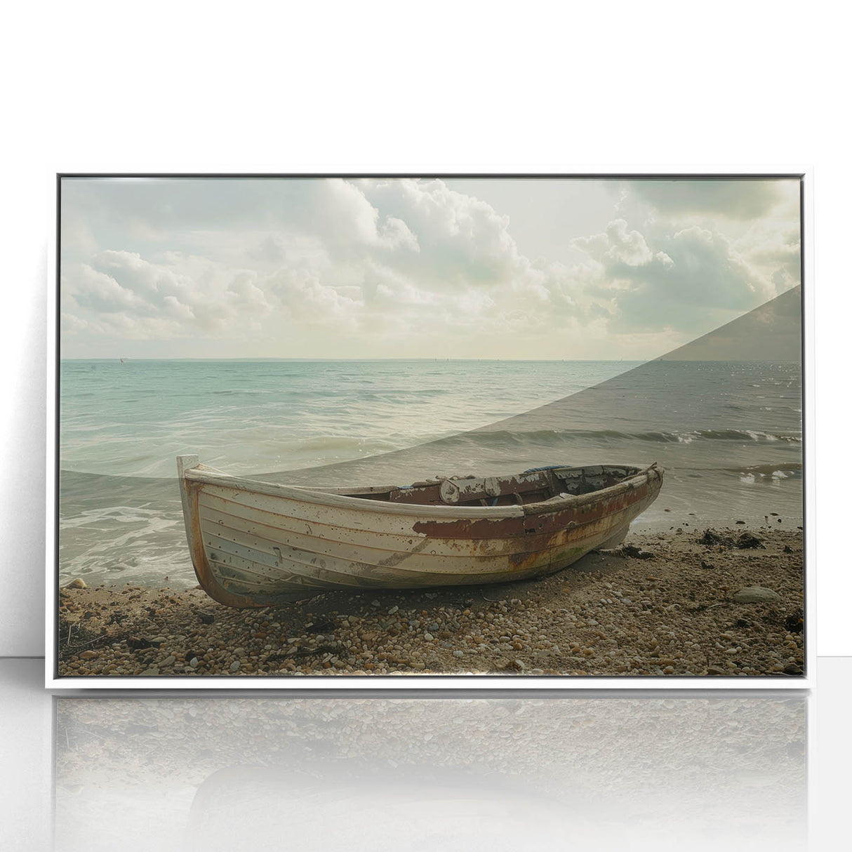 Mid-century modernist style acrylic print of a rowboat in muted blue and gray tones, ideal for modern art wall decor.