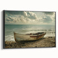 Black and white wall art featuring a side view of a rowboat, printed on a framed canvas, suitable for bedroom decor.