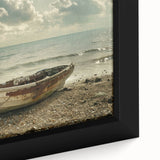 Extra large framed canvas featuring a close-up of a black rowboat with colorful, textured details.