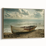 Framed canvas depicting a vintage-style landscape with rowboats, utilizing a black and colorful art palette.