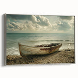 Vintage poster art of a rowboat on water, in muted black and silver tones on framed canvas, ideal for living room decor.