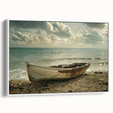 Framed canvas of a vintage poster featuring a black rowboat in a calm lake, ideal for bedroom wall decor.