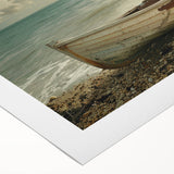 Art deco poster featuring a rowboat on calm water, in muted blue and gray tones on rolled canvas.