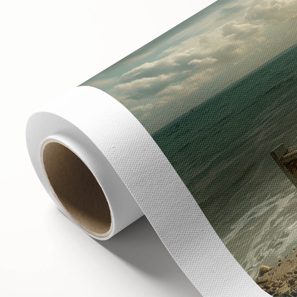 Art deco poster of a rowboat on calm waters, in soft blue and gray tones on rolled canvas, ideal for nursery wall art.