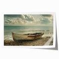 Vintage rowboat on a calm lake, subtle blue tones on a rolled print, suitable for dining room wall art.