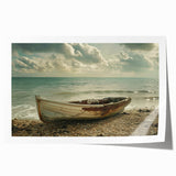 Vintage rowboat on a calm lake, subtle blue tones on a rolled print, suitable for dining room wall art.