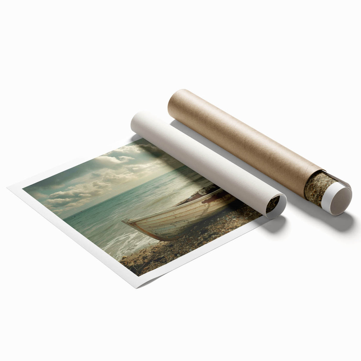 Extra large wall art featuring a rowboat on calm waters, muted blue and gray tones, ideal for classy bathroom decor.