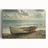 Black and white photo of a rowboat on water, printed on large stretched canvas, suitable for kitchen wall art.