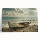 Black and white photo of a rowboat on water, printed on large stretched canvas, ideal for kitchen wall art or bedroom decor.