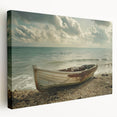 Side view of a rowboat on a stretched canvas, featuring muted earth tones, ideal for kitchen wall art.