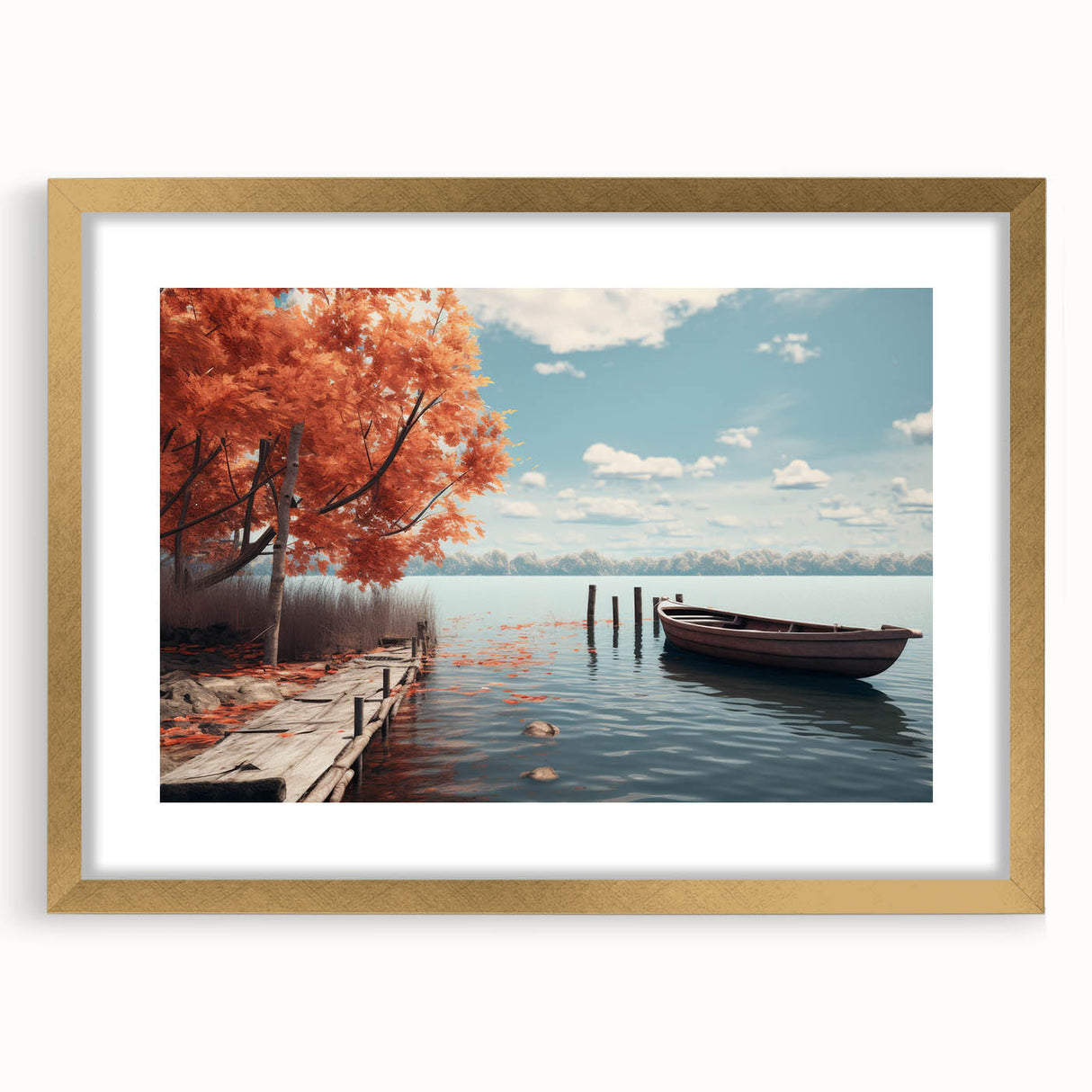 Textured art print of an abstract rowboat in muted blue and gray, framed in gold, ideal for bedroom wall decor.