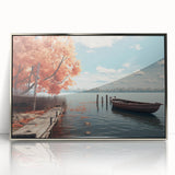 Art deco style poster featuring a silver-framed acrylic print of a rowboat, in muted blue and gray tones.