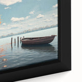 Black wall art featuring a close-up of a colorful, textured rowboat on a framed canvas, ideal for living room decor.