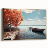 Framed canvas of a vintage rowboat on calm water, in muted blues and grays, ideal for a tranquil office space.