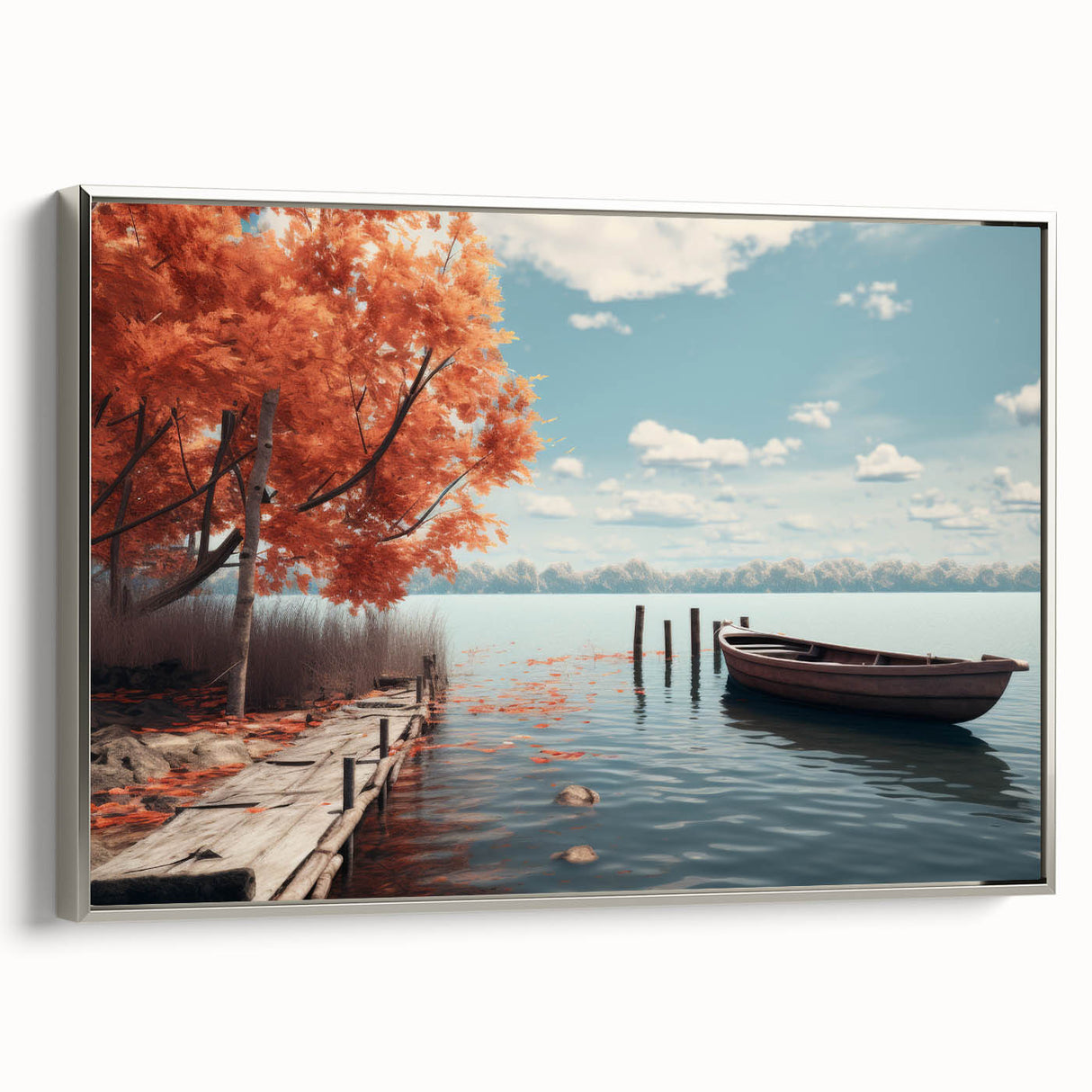 Vintage poster art of a colorful rowboat on black framed canvas, ideal for extra large living room wall decor.