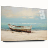 Acrylic print of a side-view rowboat in muted blue and gray tones, suitable for bedroom or dining room wall art.