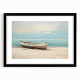 Abstract art print of a rowboat in vibrant colors on a textured, extra large canvas, ideal for living room decor.