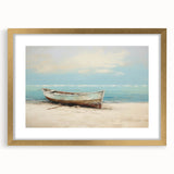 Abstract textured art of a rowboat in muted blue and gray tones on a gold-framed canvas, suitable for bedroom decor.