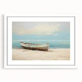 Extra large abstract art print of a rowboat, featuring textured blue and gray tones on a white framed canvas.