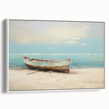 Framed canvas featuring a vintage poster of a landscape with a rowboat, in black and white tones, ideal for bedroom wall art.