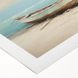 Art deco poster of a rowboat on calm waters, rendered in soft blue and gray tones on rolled canvas.