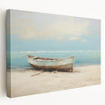 Rowboat on calm water, rendered in muted blues and grays on stretched canvas, suitable for kitchen wall art.