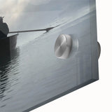 Large abstract wall art on acrylic glass featuring a mid-century modernist rowboat design in muted earth tones.